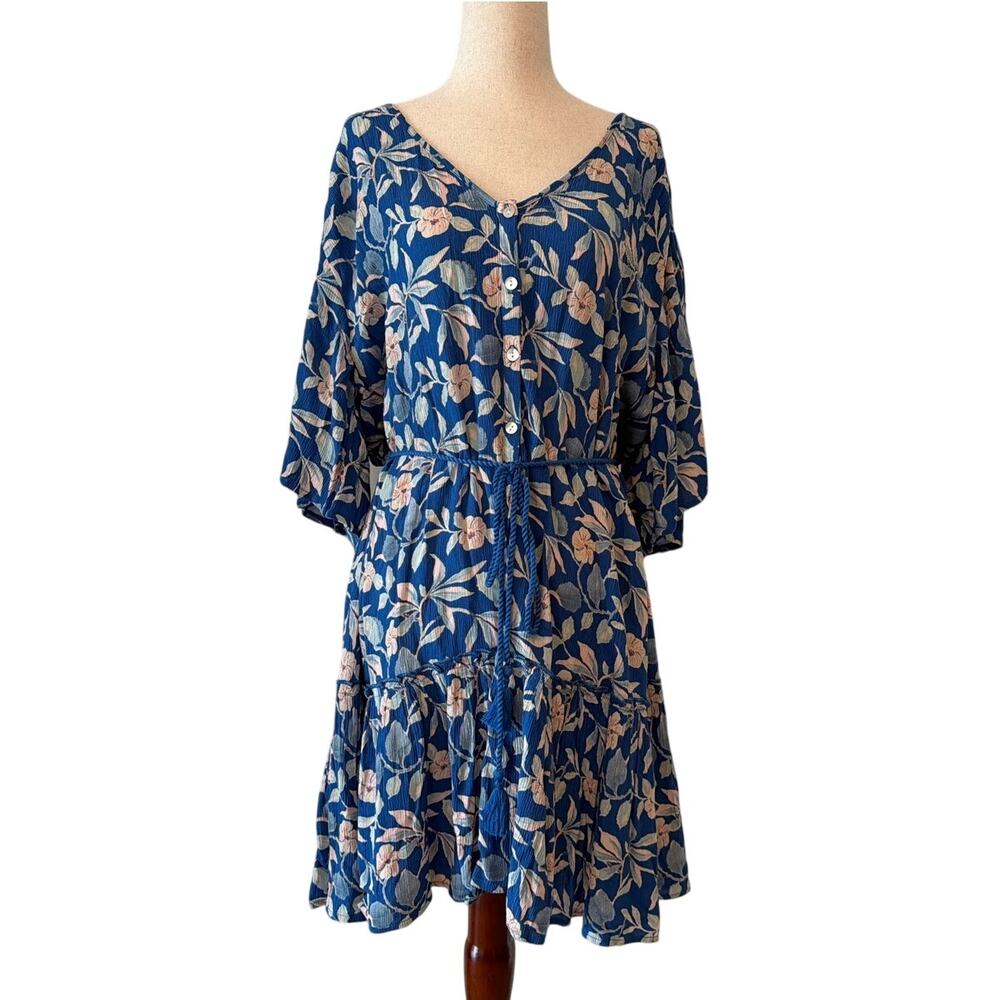 NWT Faherty Floral Tiered Mini Dress, Blue Multi, Women’s Large